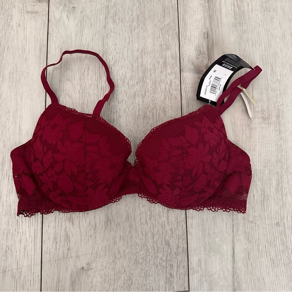 New With Tags! Maidenform Lace Underwire Bra Burgundy Push UpSize 34B